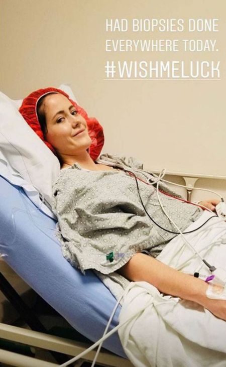 Jenelle Evans lying on a hospital test on a medical gown after her biopsies test.